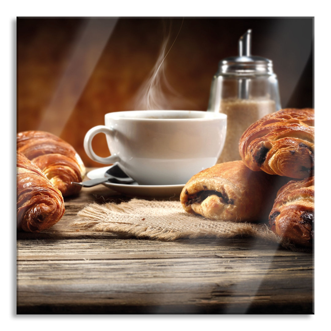 Ungerahmtes Foto auf Glas "Croissant mit Kaffee"