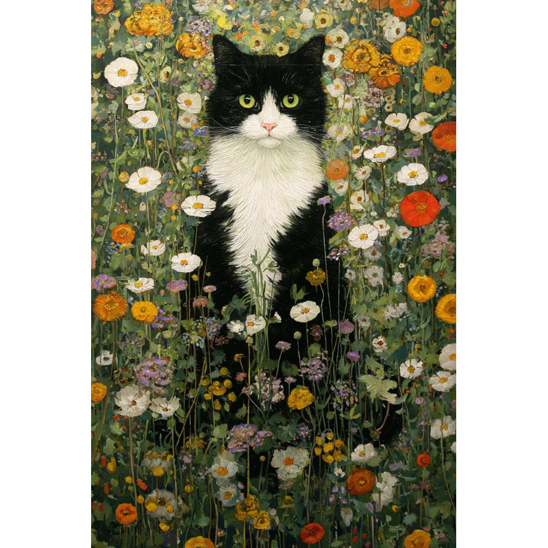 Chat dans un champ de fleurs sauvages, art mural sur toile, H 48 po x l 32 po x P 1,5 po
