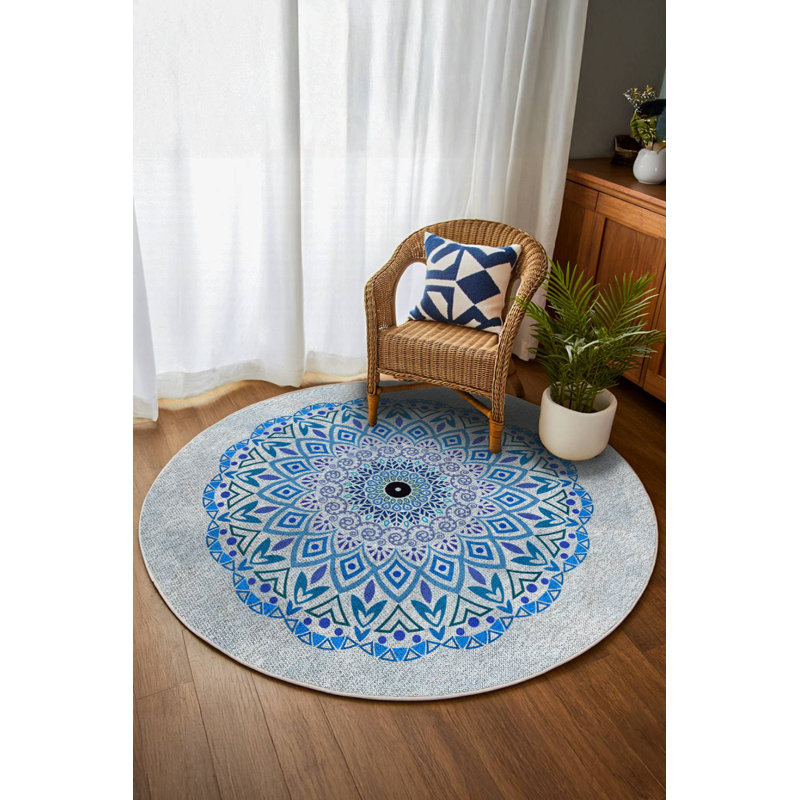 Tapis en coton et polyester à imprimé numérique Mandala, Rond 3 pi 4 po