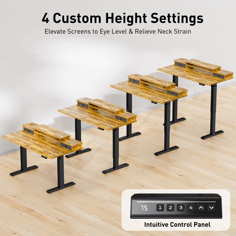 55" Electric Adjustable Standing Desk with Dual-Tier Monitor Shelf, 4 Memory Presets, and 2 Drawers - Vintage Brown