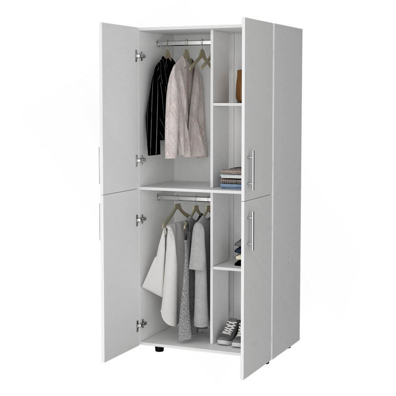 Armoire Hazel en mélamine avec 2 portes, 4 tablettes et 2 barres à vêtements, Blanc