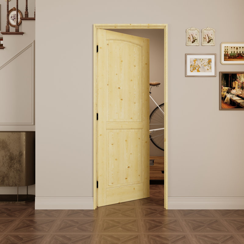 Porte intérieure à 2 panneaux en pin massif naturel de style colonial, pré-montée, avec kit de chambranle, joint d'étanchéité, charnières noires et ouverture vers l'intérieur à gauche, non finie et à peindre, pour garde-manger, chambre, salle de bain, placard et salon, 81 cm x 203 cm