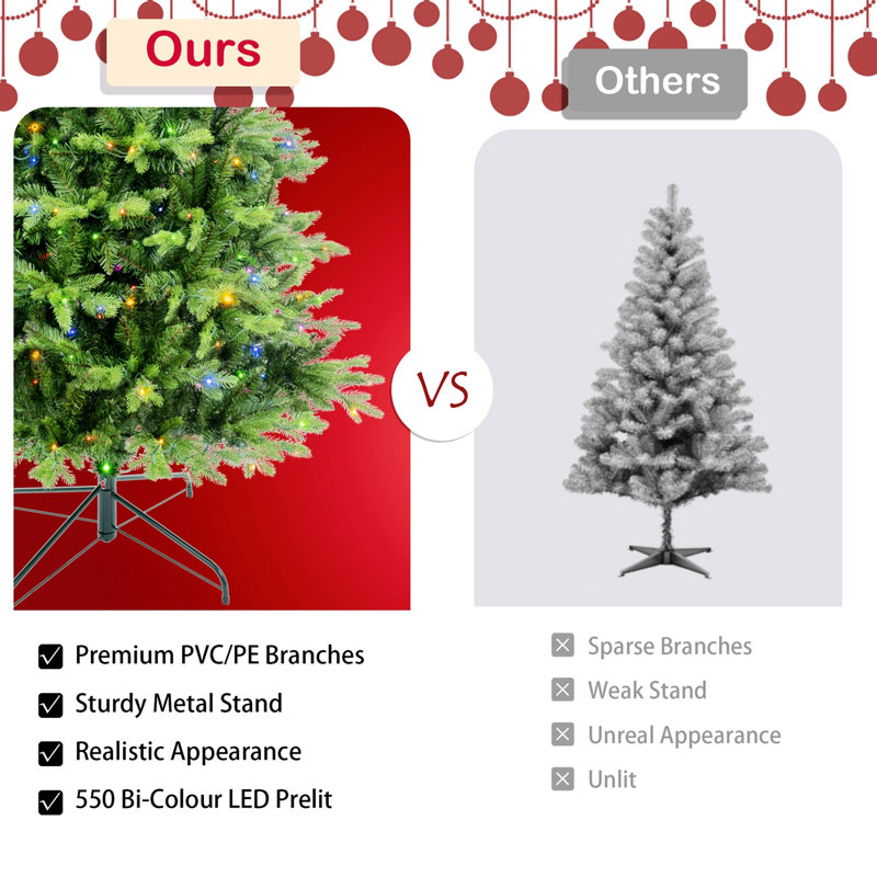 Arbre de Noël artificiel avec base, 100 lumières DEL blanc chaud, 7.6', Non pré-éclairé