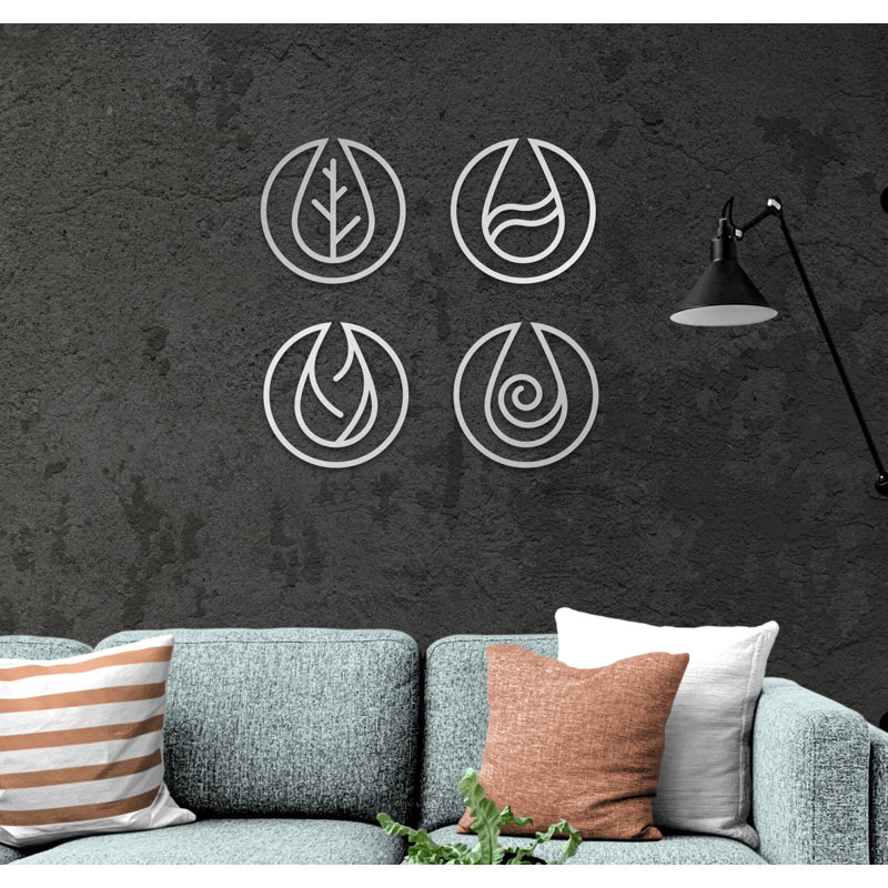 Fire Water Earth Air 4 Elements Metal Wall Art Décor Drop Design Set Best Gift For Nature Lovers, 18" H x 18" W x 0.5" D