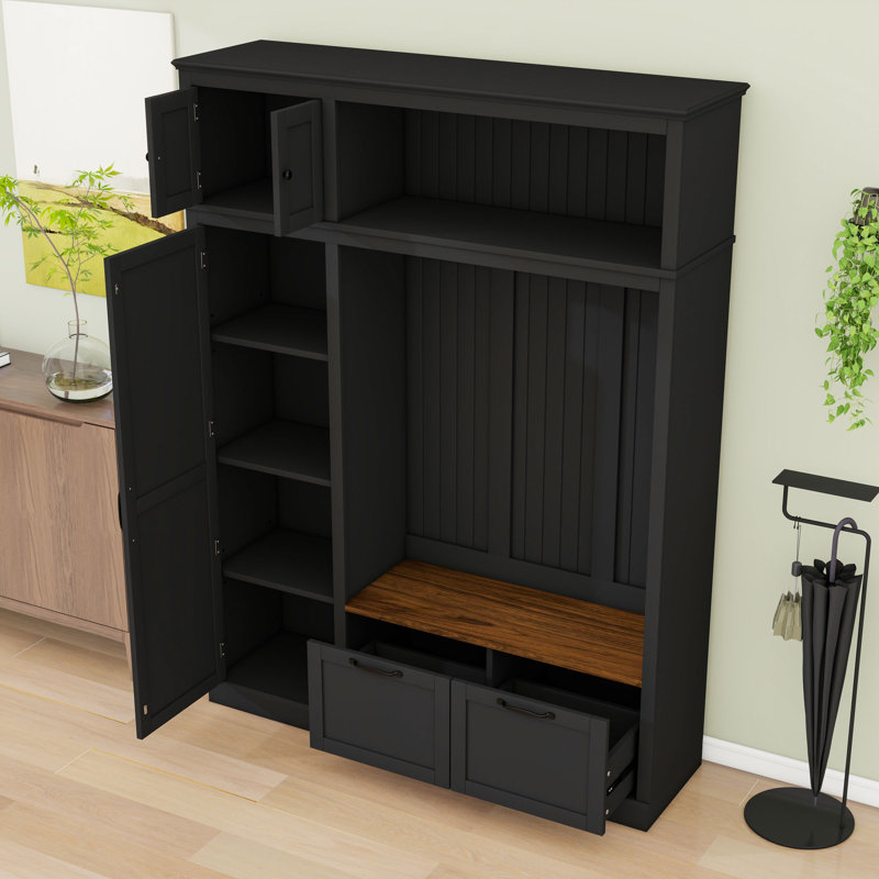 3-in-1 Hall Tree with 2 Drawers, Adjustable Shelves and 4 Hooks, Black