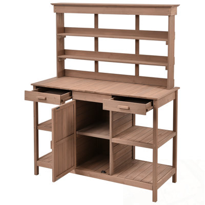 Outdoor Wooden Potting Bench Table with 2 Drawers, Cabinet and Open Shelves