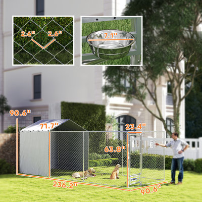 Large Outdoor Dog Kennel, Chain Link Dog Kennel Outside with Weather Resistant Cover, Rotating Bowls Door, for M&L Dogs