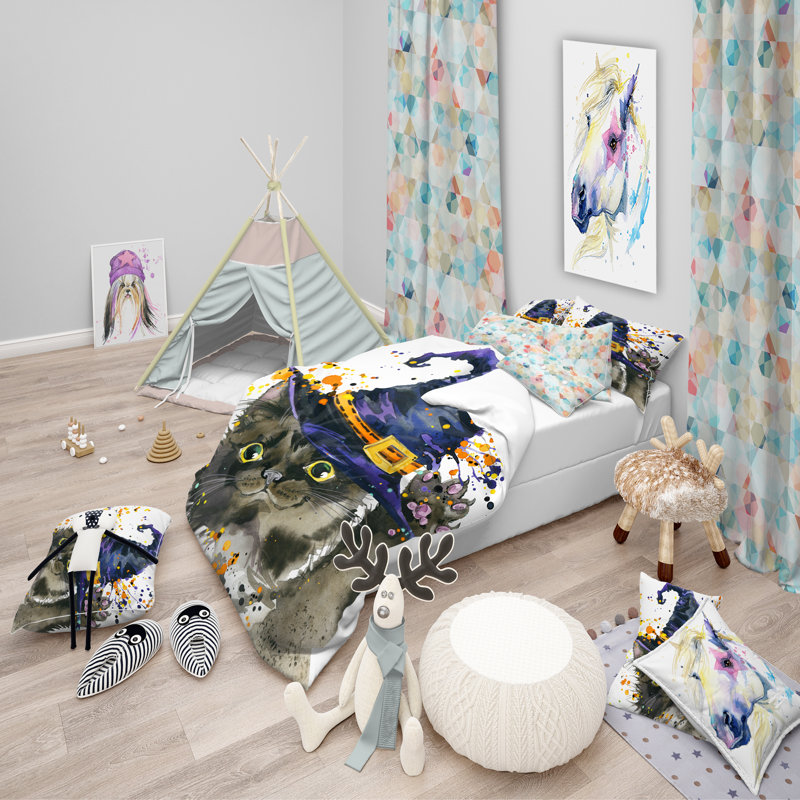 Halloween Cat and Witch Hat Full/Queen Microfiber Duvet Cover Set