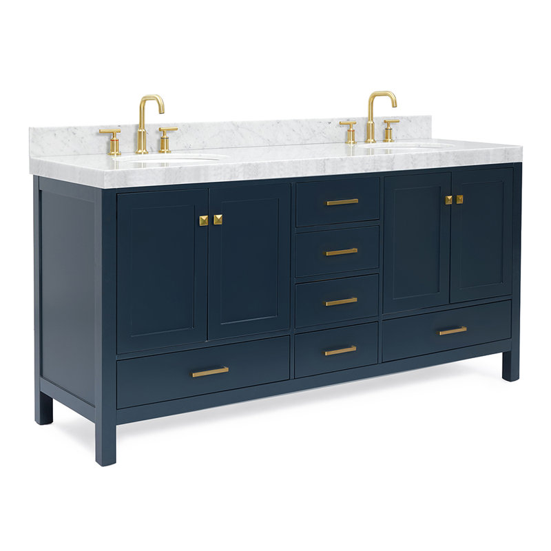 Cambridge Double Bathroom Vanity with Carrara Marble Top, Midnight Blue, Rectangle, 72" W