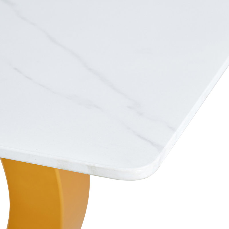 Grande table de salle à manger de bureau blanche pour 6 à 8 personnes avec supports dorés en forme d'or et base dorée, supports de cuisine et d'espace de vie convenables pour personne, parfait