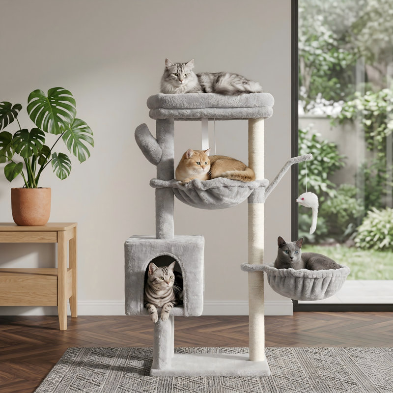 Tour pour chat 39,4 po pour chats d'intérieur, mât en sisal entièrement enveloppé, plateforme souple, 2 paniers, jouet suspendu, gris clair