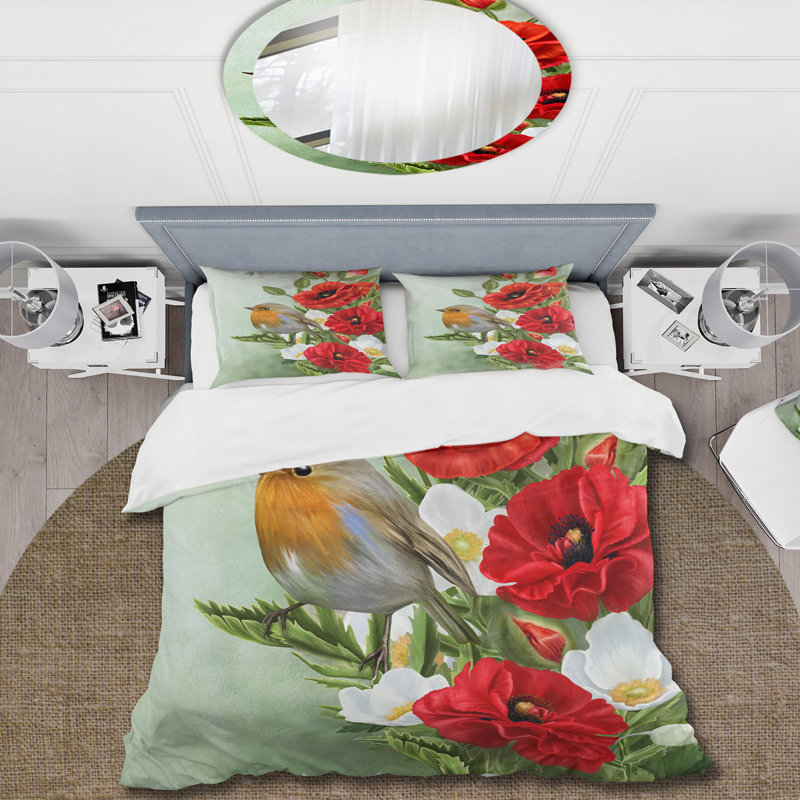 Oiseau jaune avec coquelicots rouges et anémones blanches - Ensemble de housse de couette traditionnel - Microfibre de polyester