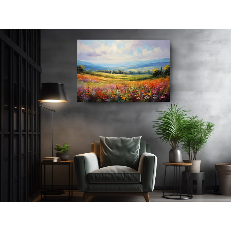 Reproduction de peinture à l'huile de fleurs sauvages dans un champ avec un ciel bleu, H 12 po x l 18 po