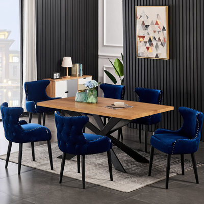 Ricky 6 Person Dining set - a Rectangular Wooden Dining Table with Metal Legs and a Set of 6 Quilted Velvet Dining Chairs for Dining Room - Modern Dining Table Set