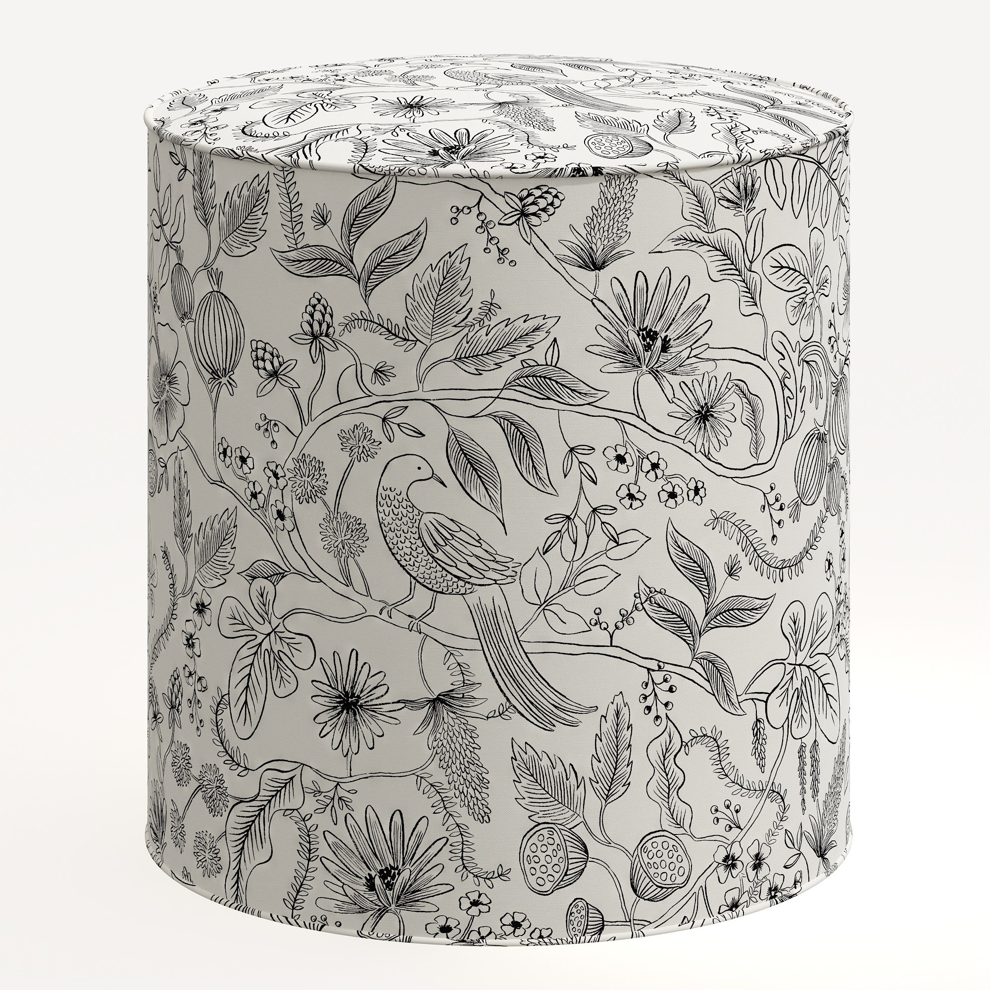 Rifle Paper Co. x Cloth & Company Billie Ottoman, Black Aviary Linen Blend