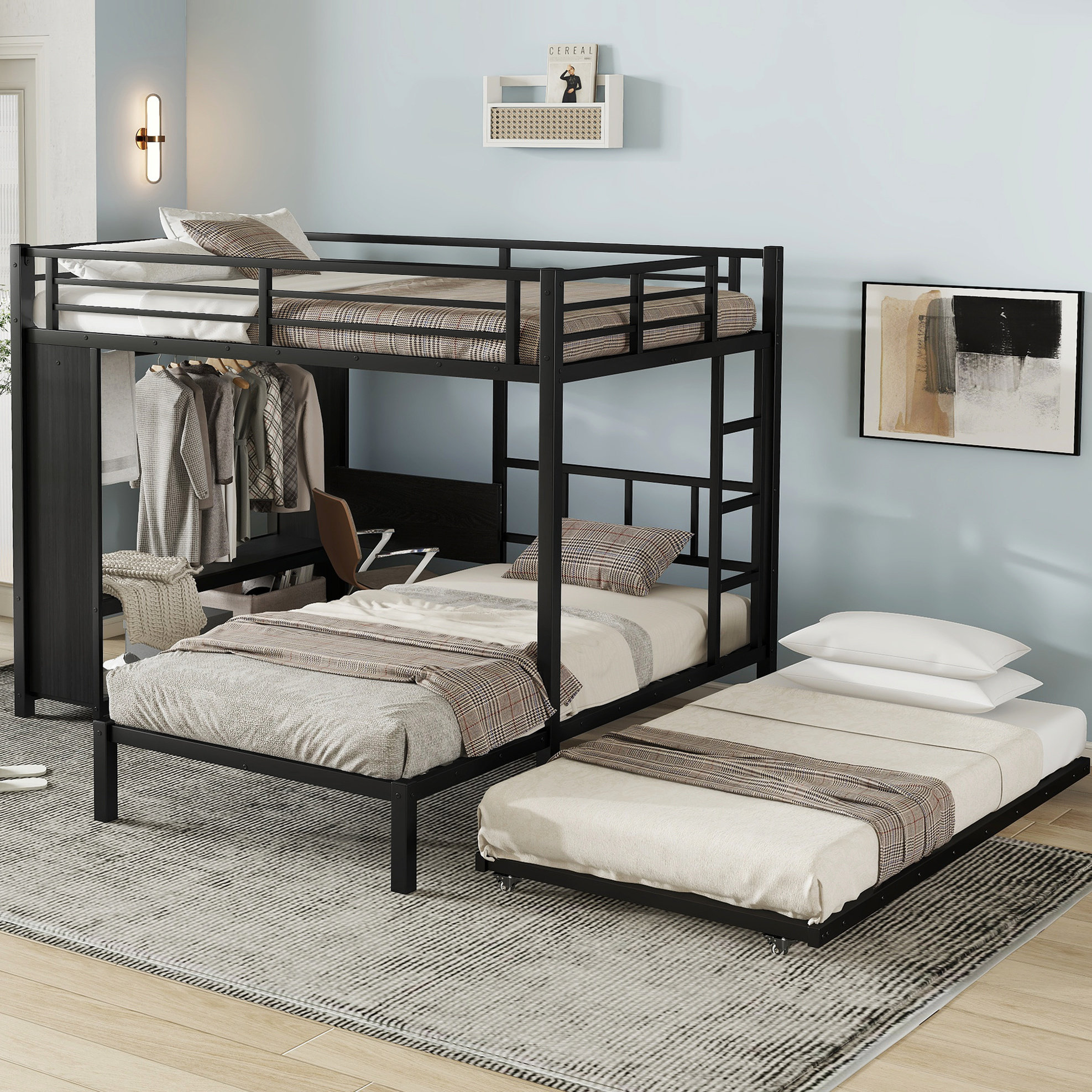 Latitude Run® Black Bunk Bed Made Of Metal With A Built - In Closet