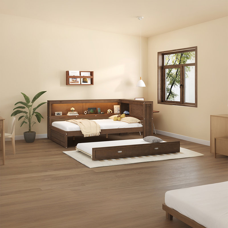 Full Daybed With Storage Shelves, USB, LED, And Trundle, Brown