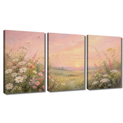 3‑panel wall art Pastel Wildflower Meadow Sunset Wrapped Canvas Print