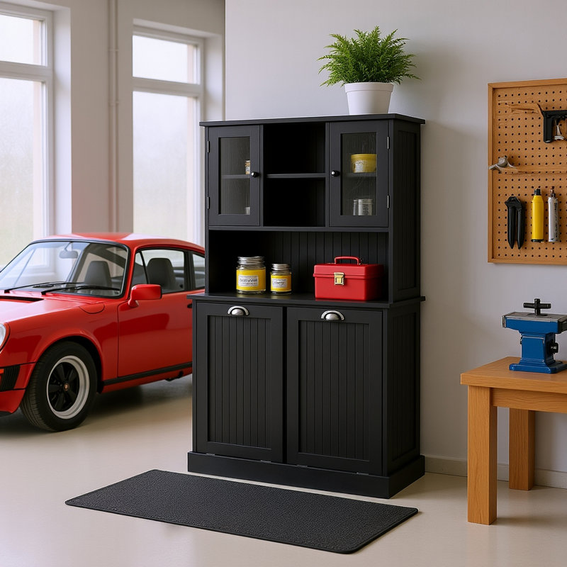 Premium MPF Black Garage Storage Cabinet with Dual Tilt-Out Compartments and Removable Fabric Bags, 60" Tall Organizer