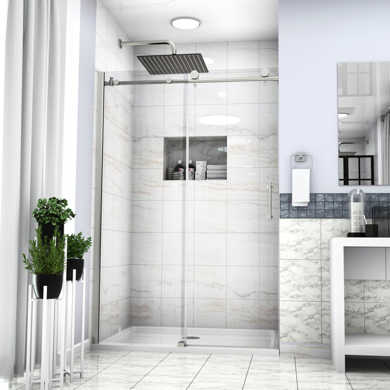 Brushed Nickel Single Sliding Bypass Shower Enclosure 48"X76" - Clear Tempered Glass, Bathroom Luxury Reversible Door, Fits Uneven Walls Wall Bracket And Guide Block Supplied Door 48" W X 76" H Glass