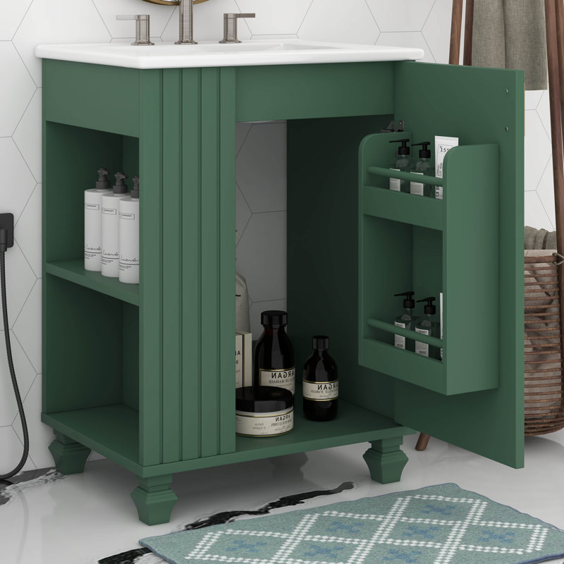 Meuble-lavabo 24 po avec lavabo, meuble-lavabo avec tablettes latérales ouvertes et armoire de rangement, porte à fermeture douce avec rangement à 2 niveaux