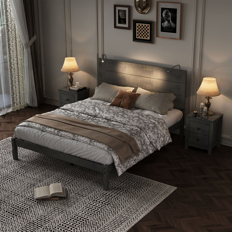 Ensemble de chambre à coucher 3 pièces, Grand lit, Gris antique