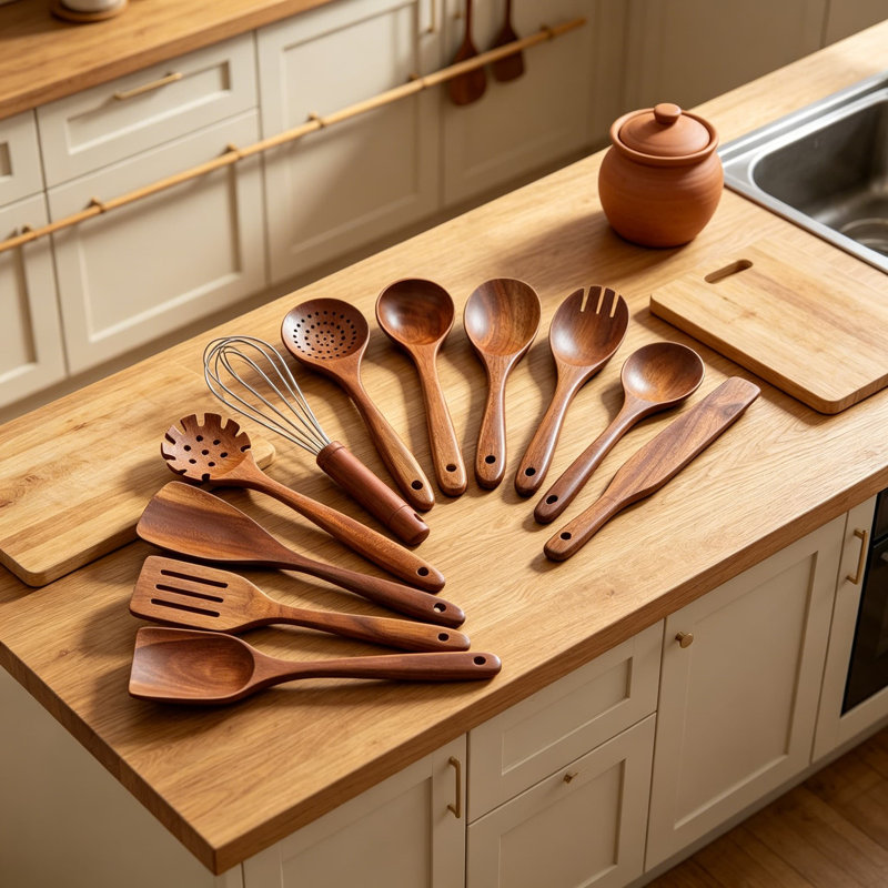 Ensemble de 11 cuillères en bois pour la cuisine, ustensiles de cuisine en bois de haute qualité avec cuillère à tamis, desserte à pâtes, spatule frite, fourchette à salade, batteur à œufs et épandeur à beurre