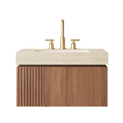 Meuble-lavabo 30 po, meuble de rangement flottant en contreplaqué avec tiroir et porte, comptoir en pierre frittée Roma Travertine et lavabo en céramique avec 3 trous de robinet pré-percés, pré-assemblé, grain de bois de chêne brun