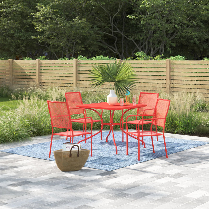 Chanea 35.5'' Square Indoor-Outdoor Steel Patio Table Set with 4 Square Back Chairs, Coral