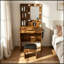 Table de coiffeuse avec miroir, lumières DEL réglables, prise de courant, support pour sèche-cheveux et tabouret-133292924