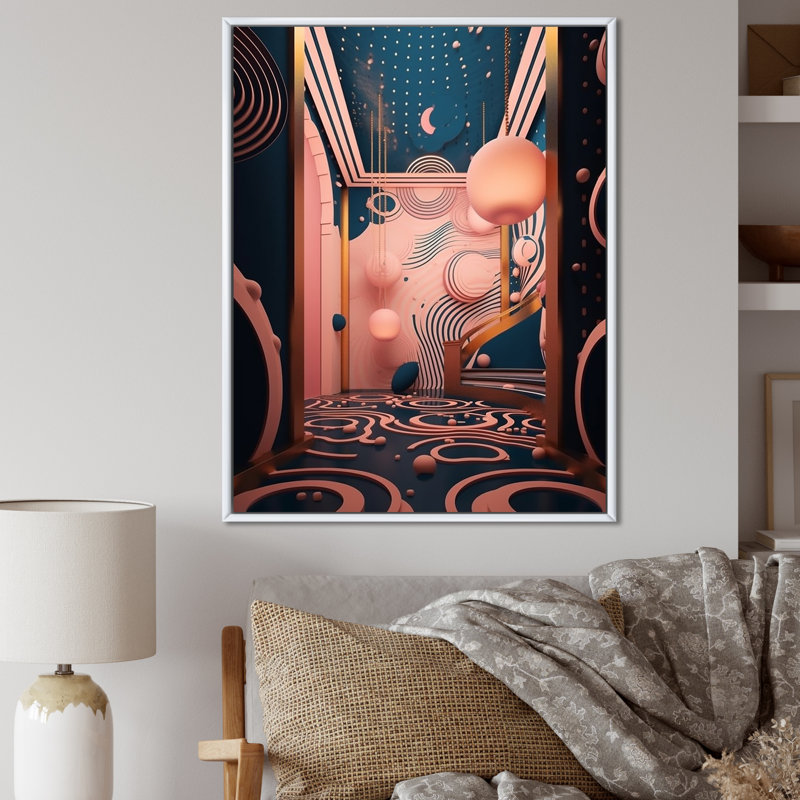«Futur Folklore Minimal Retro Architecture», reproduction d'art sur toile, Cadre flottant blanc, H 44 po x l 34 po x P 1,5 po