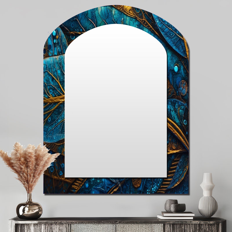 Bleu et or, mélodie de Boho I - miroir mural asymétrique Boho Feather, miroir arqué traditionnel, impression sur métal