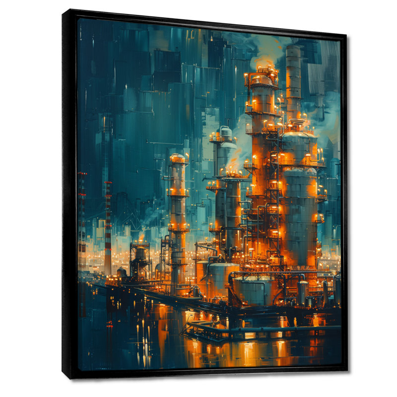 Reproduction d'art mural «Crude Oil Refinery At Night I - Factories», Toile avec cadre flottant noir