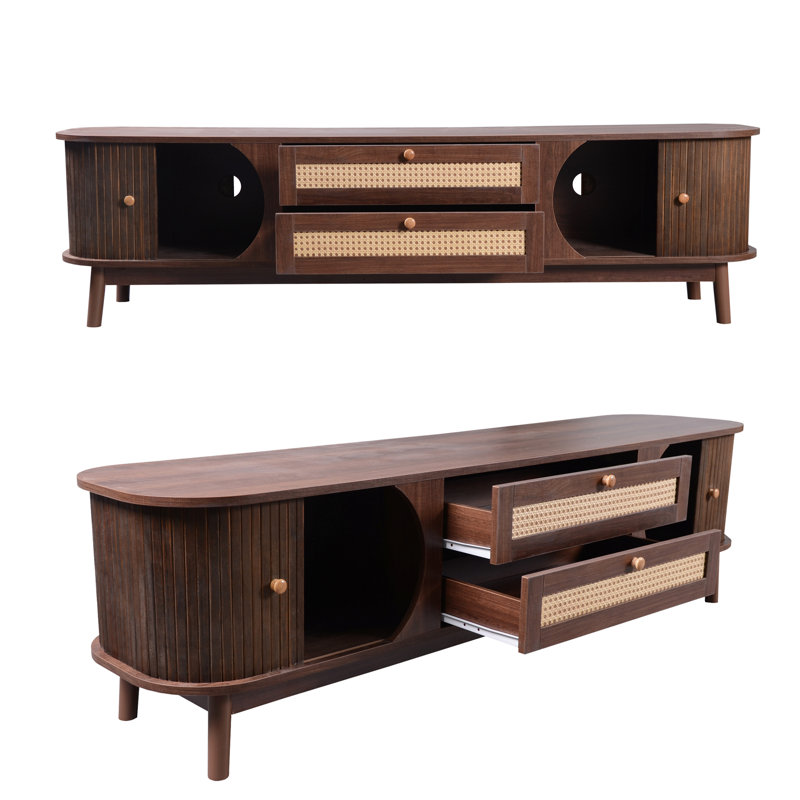 Meuble télé en rotin pour téléviseur de 75 po ou moins - Console multimédia de style campagne moderne avec portes coulissantes, pieds en bois massif et gestion des câbles