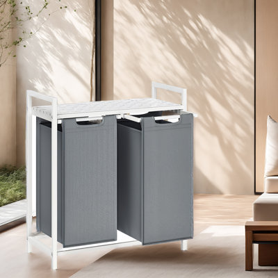 Clothes Hamper with 2 Compartments, Removable Liner Bags, Laundry Basket, Shelf, Grey and Brown