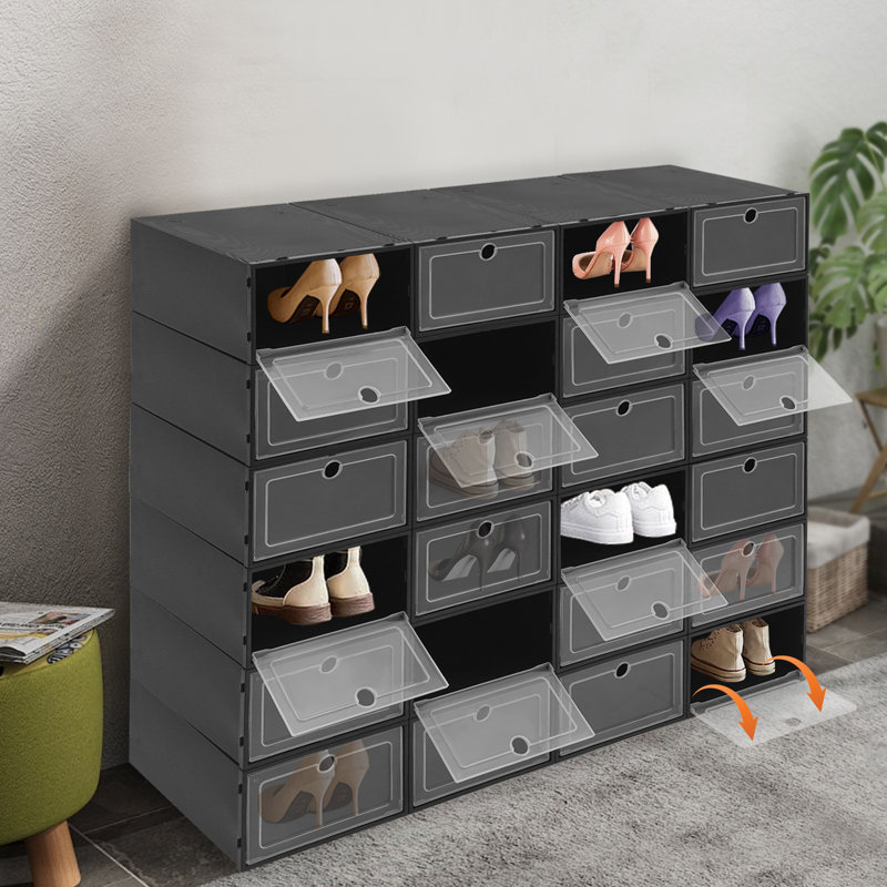 24 Pair Stackable Shoe Storage Box, Black