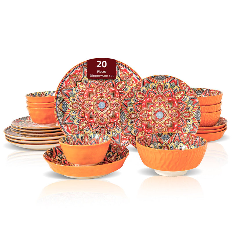 Ensemble de vaisselle, assiettes et bols en porcelaine 20 pièces HomeVSS Bohemian, Orange