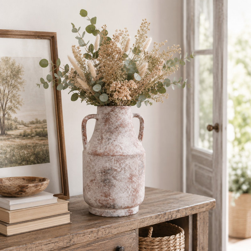 Vase 11 "en céramique rustique avec poignées latérales, Rose et blanc