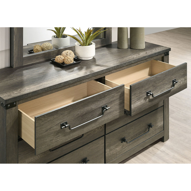 Armoire de chevet contemporaine gris rustique, table de chevet à 2 tiroirs, bois d'ingénierie, métal, poignées tombantes couleur laiton antique, glissières centrales en métal, avant et arrière anglais, table de chevet facile à assembler