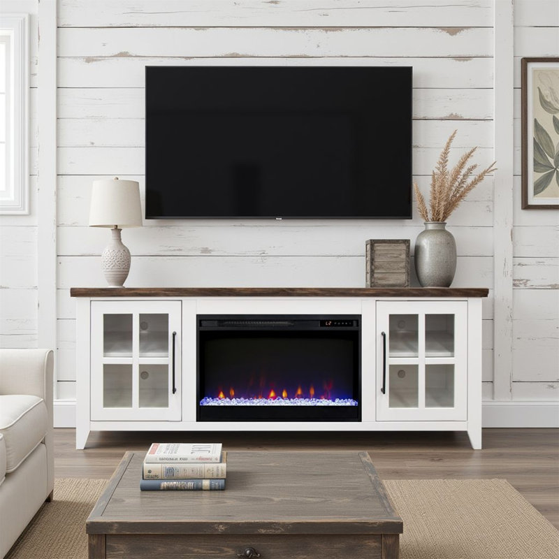 Meuble télé avec foyer 66 pouces Providence, 26"H x 66"L x 17"W, Blanc