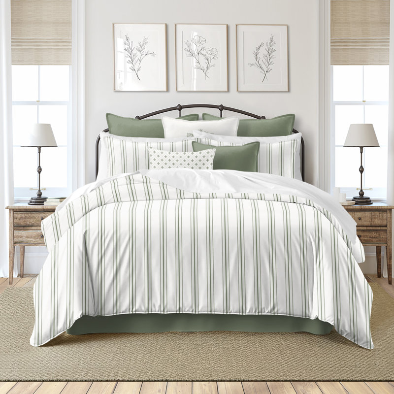 August Stripe Reversible Cotton Duvet Cover Set, Twin Duvet Cover + 2 Standard Shams, Sweet Grass
