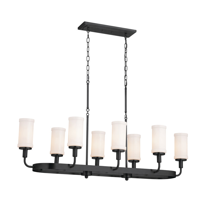 Lustre linéaire 8 lumières Vetivene 48,4 pouces avec verre opale étain classique, Noir texturé