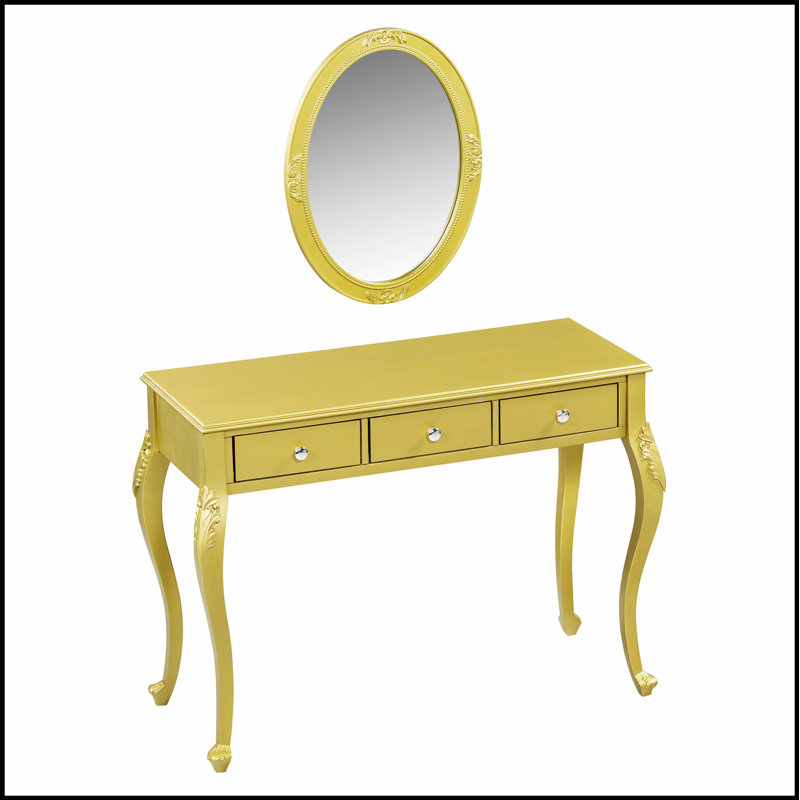 Meuble-lavabo de luxe avec miroir ovale, coiffeuse à 3 tiroirs pour le rangement des bijoux, console élégante pour l'entrée, le salon et la chambre à coucher, décoration intérieure élégante, or
