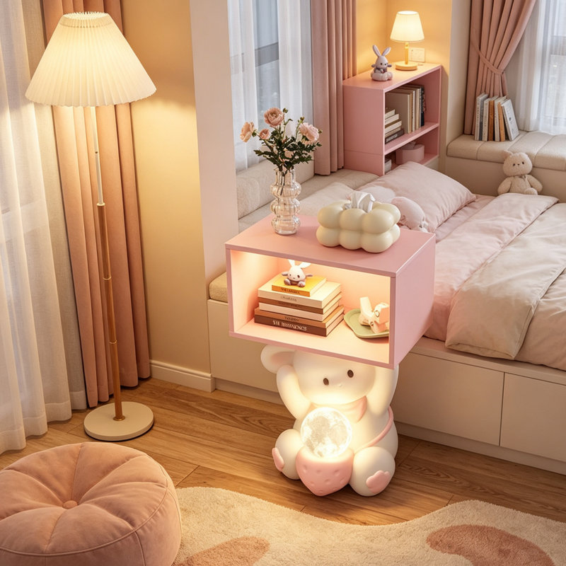 Table de chevet en résine et bois avec lampe de lune intégrée, table de chevet fantaisiste rose moderne avec rangement ouvert, décor décoratif pour la chambre à coucher