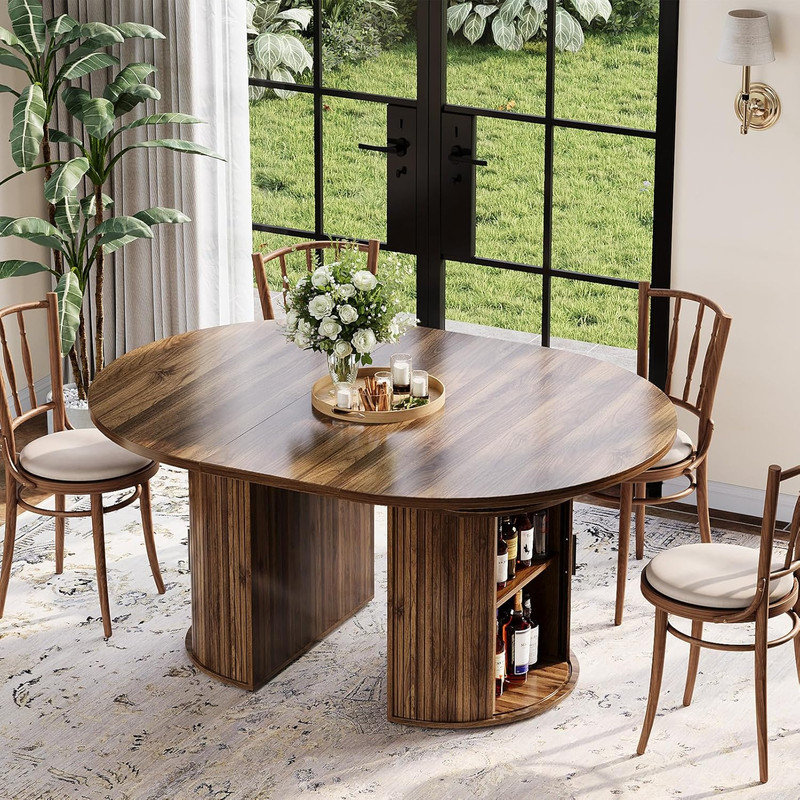 Table de salle à manger extensible ronde avec rangement à 2 niveaux et tiroir, table de salle à manger extensible 47,5 "-63" pour 4 à 8 personnes