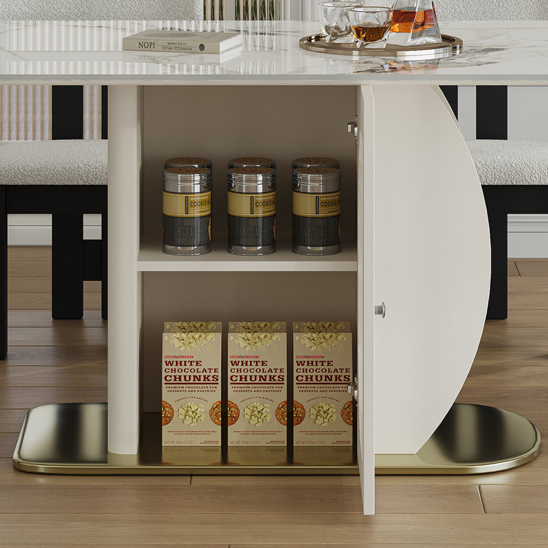 Ensemble de table de salle à manger moderne 63 pièces 63 po avec armoires de rangement, plateau de table en pierre carbonisée et base en bois massif doré