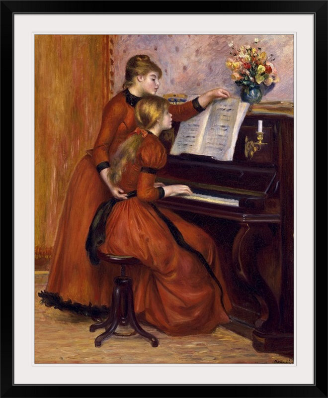 Jeunes filles au piano, ca. 1889 par Pierre-Auguste Renoir - reproduction, H 44 po x l 37 po x P 1 po, Cadre noir