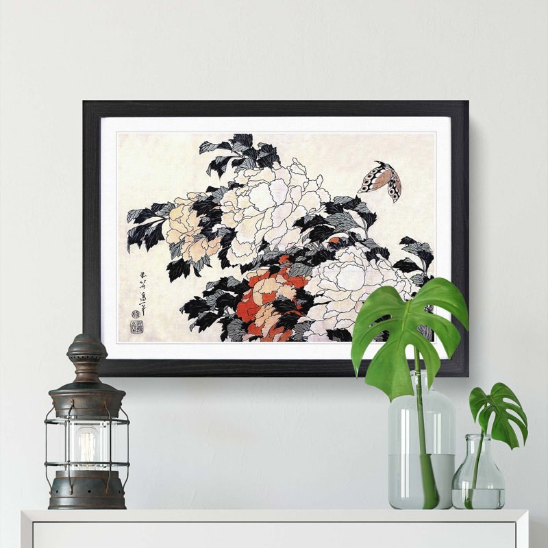 Peonies & Butterfly by Katsushika Hokusai - Picture Frame Painting Print, 27cm H x 36cm W x 2cm D, Black Framed