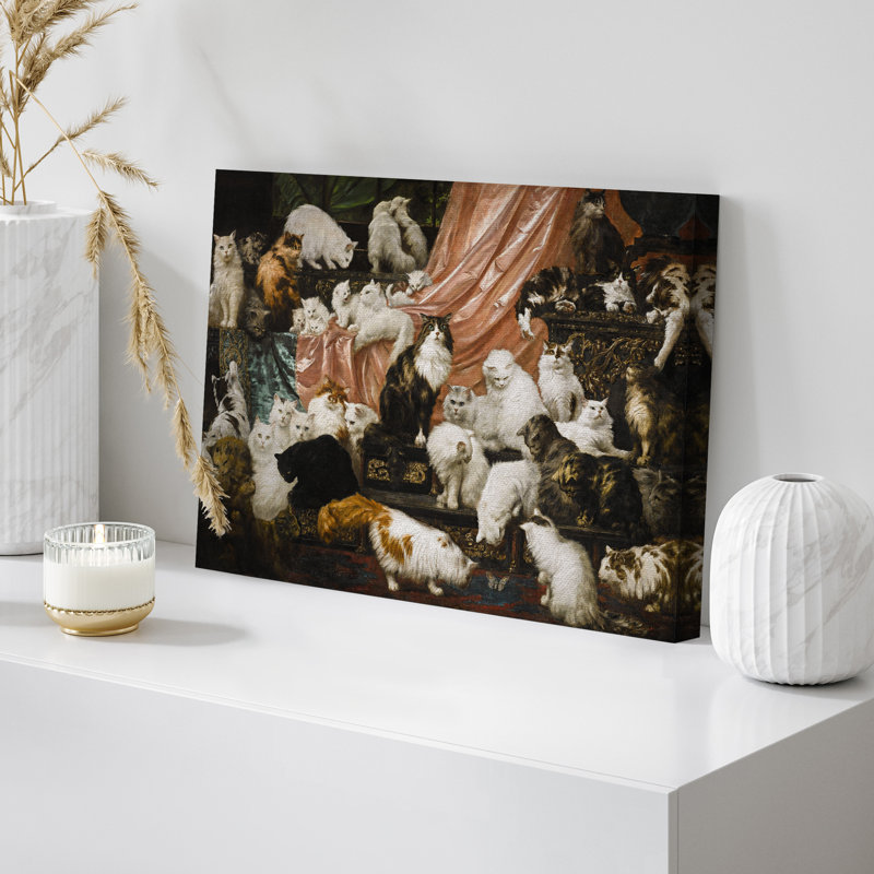 Impression sur toile Victorian Cat Gathering - Portrait animalier de style baroque pour couloir ou bibliothèque, Toile tendue