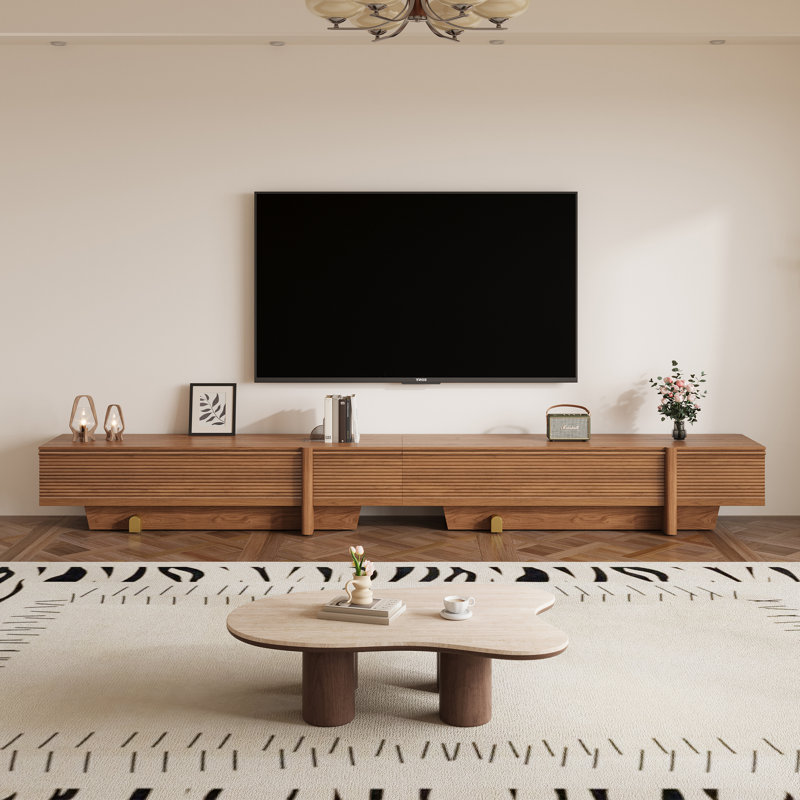 142” Extra Large Mid-Century Modern Wooden TV Stand, Low-Profile Floor-Standing Media Console with Ribbed Storage Cabinets & Gold Accents, Living Room Entertainment Center for 85+ Inch TVs
